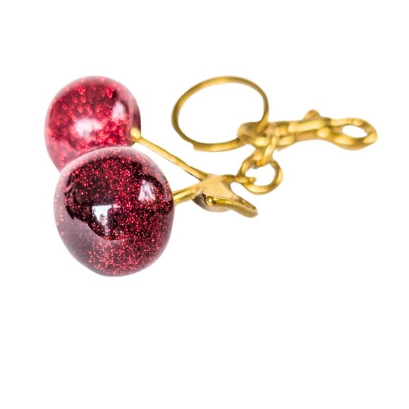 Cherry Bag Charm Key Chain Glitter Red Cherries Gold Clip - Picture 5 of 6
